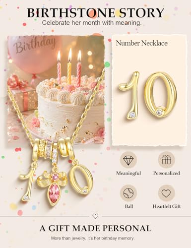 Freekiss Gold Pendant Necklace for Women, Dainty Diamond Necklaces for Women Simple 14K Gold Plated Paperclip Choker Necklaces Cute Minimalist Open Oval Necklaces Gold Jewelry for Women Gifts - color: Gold, style: Number 10 - Tourmaline Pink Bow