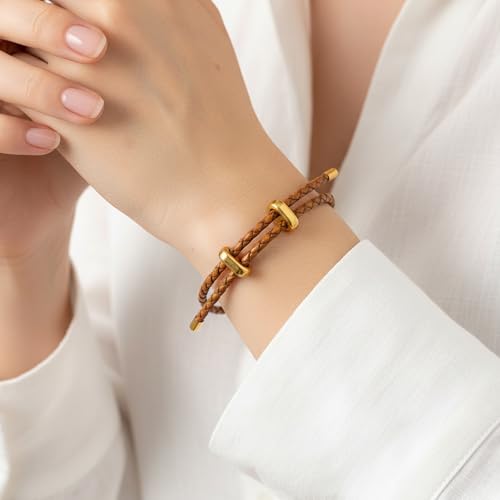 18K Gold Plated Stainless Steel Braided Leather Bracelet for Women - Adjustable Genuine Cowhide Woven Cord Wristband - Boho Minimalist Friendship Jewelry Gift - color: Brown