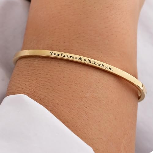 MIONZA 18K Gold Vermeil Personalized Bangle Bracelet for Women, Custom Engraved Cuff with Personal Text