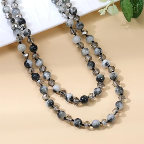 Long Beaded Necklace for Women Boho Colorful Crystal Stone Knot Statement Fashion Costume Jewelry Gifts - color: Black Grey
