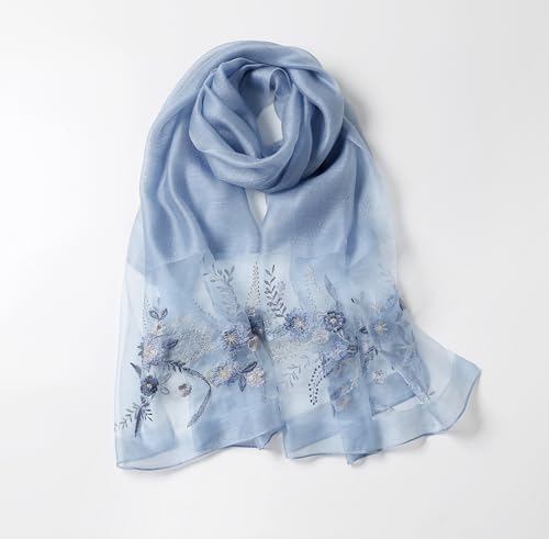 Jeelow Silk Blend Floral Fashion Scarf Shawl Wrap Lightweight Sheer For Women Floral Embroidery Wedding Party Prom - color: Blue Floral