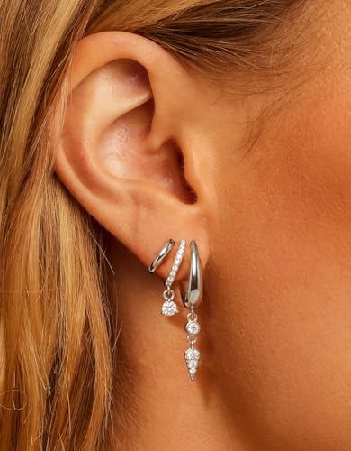 Triple Huggie Stacked Earrings for Women Gold Chain Drop Dangle Earrings Cute Statement CZ Earrings Trendy Dainty Jewelry Gift - color: Silver 2