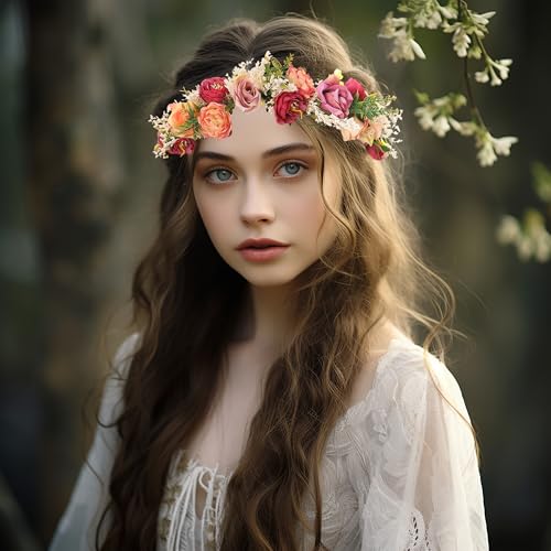 Vivivalue Women Floral Crown Rose Flower Headband Hair Wreath Floral Headpiece Halo Boho with Ribbon Wedding Party Festival Photos - color: 1