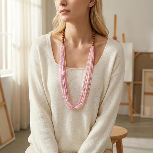 Coiris Chunky Statement Necklaces for Women Boho Multi Long Layered Strand Beaded Necklace for Women Handmade Crystal Beach Jewelry Gift - color: Pink