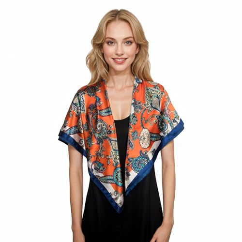 RIIQIICHY Head Scarf for Women Like Silk Scarf Hair Scarf Printed Square Scarf Bandanas for Women 35 Inches - color: Beige/Orange/Navy