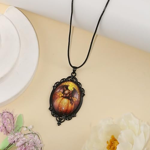 Halloween Gothic Witch Necklaces Cross Glass Pendant Necklace for Women Punk Vintage Black Dark Oval Cameo Necklace Witch Emo Necklaces Halloween Jewelry Witch Accessories 2025 - style: Bat Pumpkin