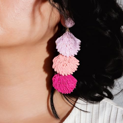 Boho Raffia Earrings Starfish Shell Seashell Dangle Drop Earrings Cute Statemnet Trendy Jewelry Summer Beach Outfits for Women - color: Pink, size: Shell