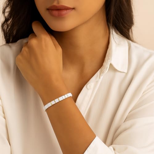 Tila Flat Beaded Stretch Bracelet for Women,Bohemian Friendship Bead Bracelets Handmade Stack Boho Jewelry Accessory for Everyday Wear, Vacation and Friend Gifts - color: white