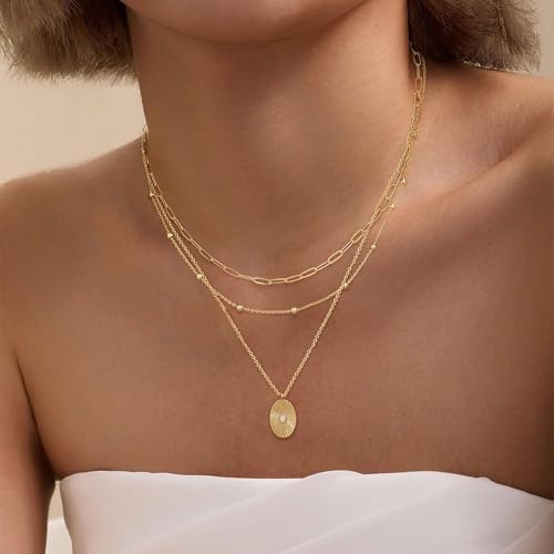 XIXINI Layered Necklaces for Women, Dainty Gold Necklace Stack 14k Gold Plated Layering Beads Choker Pendant Necklace Set Simple Statement Gold Necklaces for Women Trendy Fashion Gold Jewelry Sets - color: set3-Gold