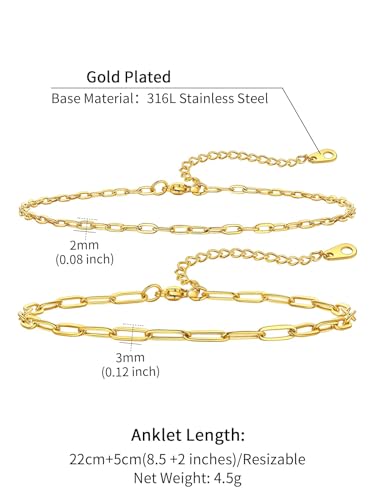 ChainsHouse Ankle Bracelets for Women, Stainless Steel Chain Anklets Waterproof, Women Summer Beach Jewelry Gift, Come with Box - color: 02. 2Pcs-(2+3mm)-Paperclip-14K Gold