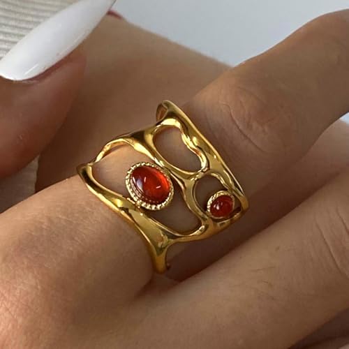 Boho Red Heart Gold Band Rings Pearl Ring, Dainty Adjustable Statement Rings, Open Wrap Stackable Finger Ring Gold Fashion Jewelry Gifts for Women - color: Gold Hollow Ring - Ruby