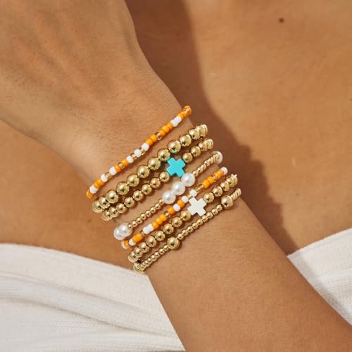 VIBILIA Gold Beaded Bracelets Set for Women 14K Gold Plated Dainty Pearl Cross Bracelet Stack Stretch Bracelet Set Fashion Accessories Gifts - color: 8P-#02-6441-Orange