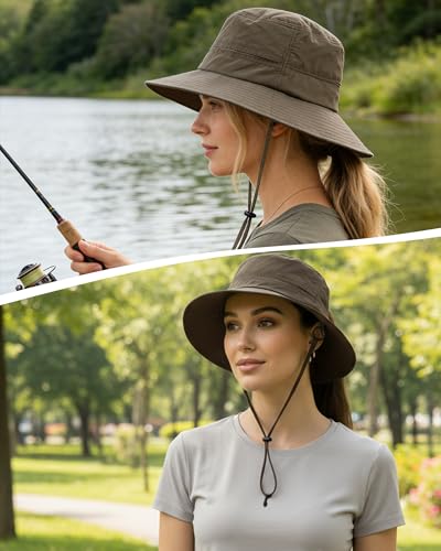 Womens Ponytail Sun Hat Packable UPF50+ Waterproof Bucket Hat Hiking Fishing Safari Hat Foldable Beach Hat - color: Coffee