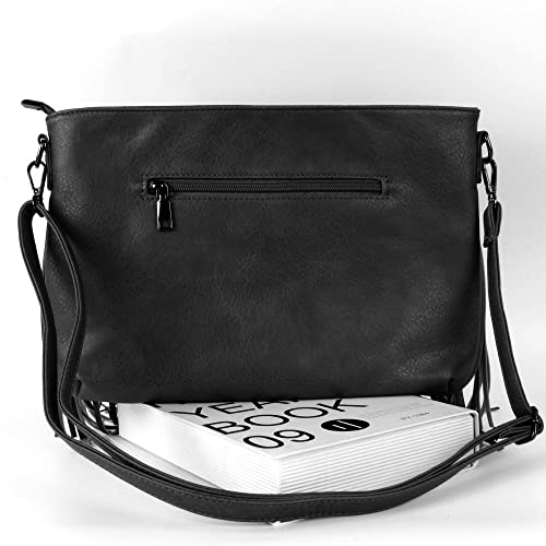 Hoce Women’s Leather Fringe Messenger Bag Large Hobo Crossbody Tassel Shoulder Bags, Gift for Mom Wife Girlfriend - color: Black