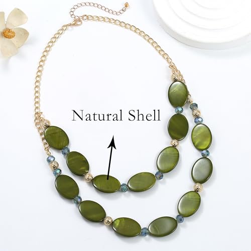 2 Layered Chunky Beaded Shell Necklace for Women Sea Shell blue/yellow/red/green/turquoise/teal/white Statement Necklace and Earring Set Elegant Women Necklace Set Jewelry Sets for Women - color: Olive Green