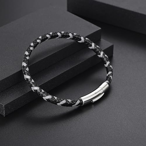 Men's Leather Bracelet, Stackable Stainless Steel Clasp Bracelets for Men Stylish Birthday, Thanksgiving, Valentine's Day Gift for My Man - style: 8.2" Gray and black Interwoven Leather