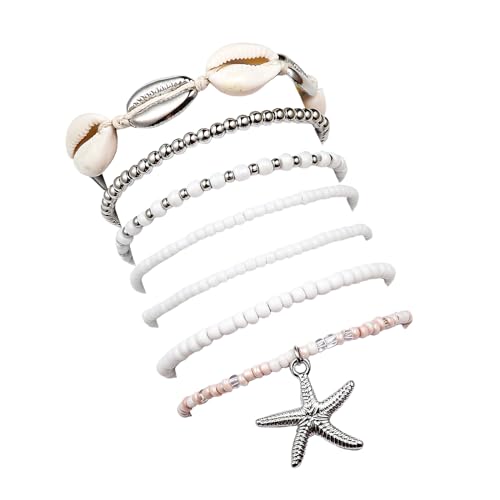 Pingyongchang Bohemian Stackable Shell Beaded Ankle Bracelets for Women Colorful Boho Multi-Layer Seashell Gold Starfish Adjustable Handmade Braid Bracelet Summer Beach Holiday Accessories Gifts - color: Silver