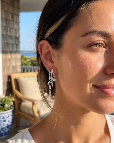 MUMREUES Gold Earrings for Women Trendy 14K Gold Plated Dangle Earrings Small Hoop Huggie Drop Stud Earrings Cubic Zirconia Simple Minimalist Dainty Chain Tassel Hypoallergenic Earrings - color: Celestial & Silver