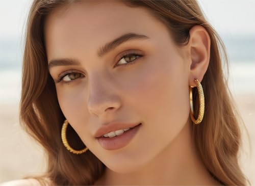Gold Hoop Earrings for Women 14K Gold Earrings for Women Thick Large Earrings Gold Huggie Earring Womens Lightweight Hypoallergenic - color: Engraving