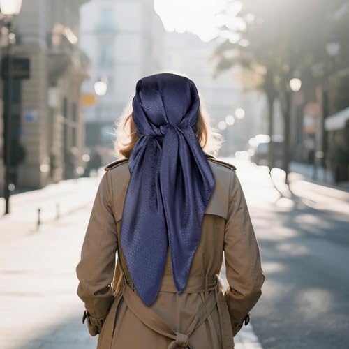 35” Satin Large Square Head Scarves-Like Silk Satin Scarf for Hair Wrapping at Night Bandana Square Scarf for Sleeping - color: Jacquard-navy Blue