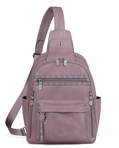 FADEON Large Sling Bag for Women, Leather Crossbody Purse Designer Anti Theft Sling Backpack, RFID Fanny Packs for Travel - color: Purple Retro Style
