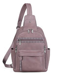 FADEON Large Sling Bag for Women, Leather Crossbody Purse Designer Anti Theft Sling Backpack, RFID Fanny Packs for Travel - color: Purple Retro Style