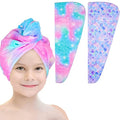 Basumee Microfiber Hair Towel Wrap for Kids 2 Pack Rapid Drying Hair Towel with Button Hair Turbans for Wet Hair Wraps Head Towel Wrap for Women and Girls, Light Mermaid - color: Light Mermaid