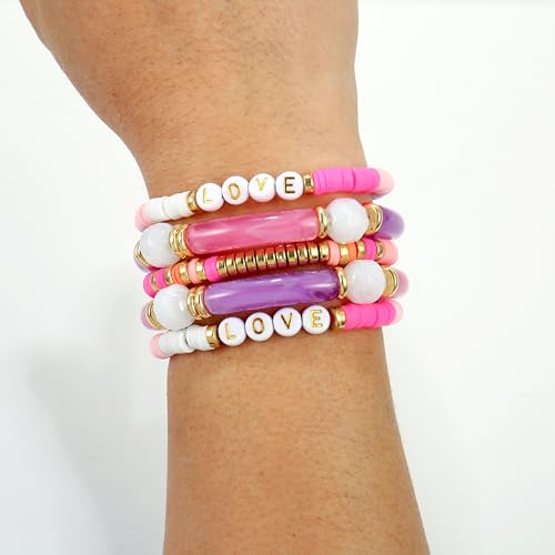 Elegance 11 designs colorful bracelets for women Surfer Thick Tube Heishi Summer Beach Beaded Stackable Boho Stretch Bracelets - color: Bright Red