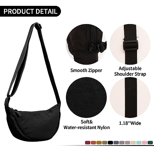 Nylon Crescent Crossbody Bag for Women Purses Trendy Men,Small Travel Sling Bag Hobo - color: Black, size: Small