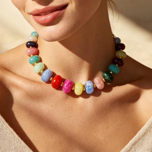 Chunky Beaded Statement Necklace for Women Trendy Colorful Boho Resin Bead Choker Necklaces Summer Handmade Jewelry Gifts Accessories - color: Colorful - 4