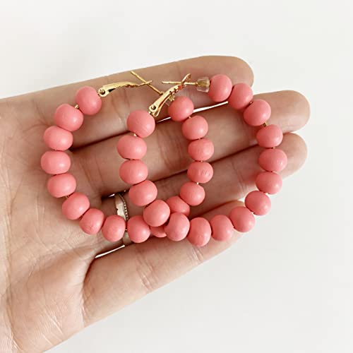 Handmade Nature Wooden Beaded Hoop Earrings Bohemian Minimalist Colorful Circle Round Wood Bead Earrings Vintage Chic Wooden Ethnic Dangle Drop Earrings for Women Statement Jewelry Gifts - color: Watermelon Red