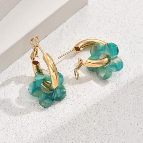 Chunky Acrylic Gold Small Flower Hoop Huggie Earrings, Colorful Boho Ear Piercing Dangle Drop Earrings, Dainty Chic Charm Jewelry Gift - color: Blue