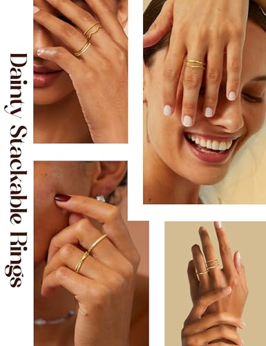 Jstyle Gold Stackable Rings for Women Non Tarnish Open Adjustable Rings Cubic Zirconia Thin Thumb Silver Ring Set 14K Gold Filled Pinky Knuckle Stacking Set - Dainty Statement Promise Band Ring Sets