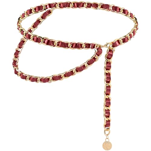 YooAi Chain Belts Leather Waist Belt for Women Layered Metal Chain Belt - size: XL/2XL: fits waist from 41"-46", style: Red