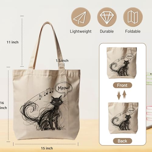 Canvas Tote Bag with Zipper for Women, Aesthetic Tote Bag with Pocket for Vacation, Shopping, Travel, Beach - style: Cat Music-02