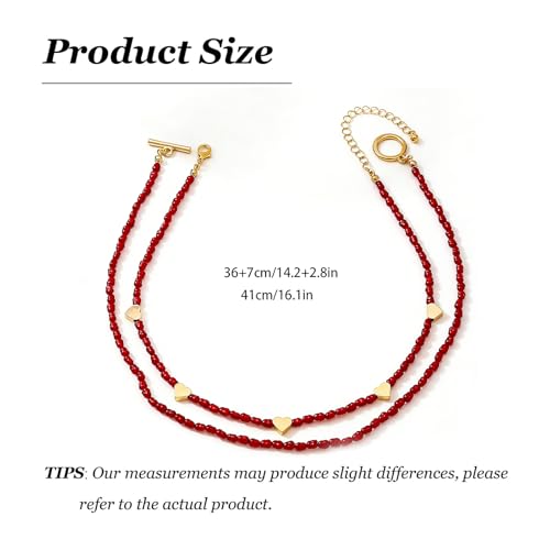 Red Beaded Necklace for Women Choker Gold Toggle Clasp Layered Stack Dainty Statement Western Boho Trendy Summer Vacation Necklaces Birthday Jewelry Gifts - color: B2:Heart Beaded Necklace