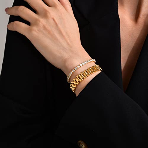 MPRAINBOW 2pcs 18K Gold Plated Chain Link Bracelet, Stainless Steel Crystal Friendship Bracelets Bangle,Watch Band Chains Wristband Jewelry with Adjust Tool - color: Gold Set - F