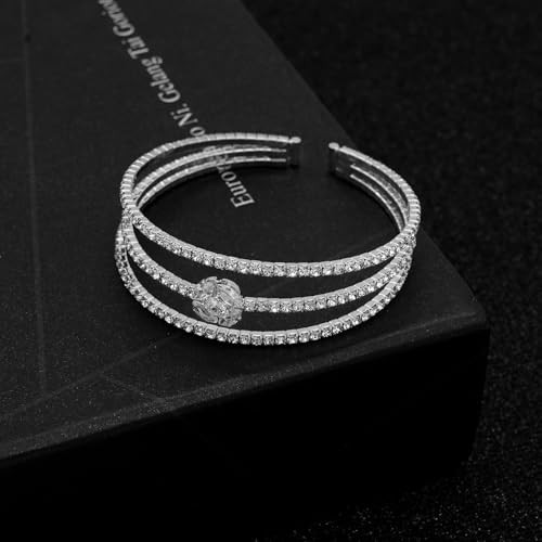 Women's Multi-Layer Rhinestone Cuff Bracelet Sparkling Crystal Tennis Bangle for Bridal Wedding Party - color: 1266 Silver