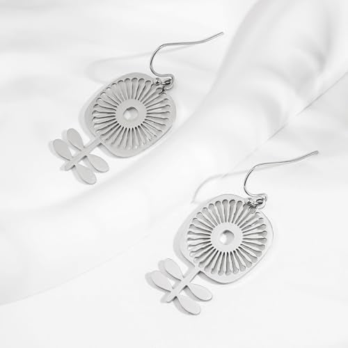 Boho Teardrop Earrings, Handmade Copper Bohemian Earrings, Dangle Antique Ethnic Jewelry for Women - color: Silver Sunflower