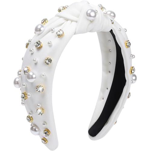 WantGor Pearl Knotted Headband, Women Rhinestone Embellished Hairband Elegant Wide Top Knot Bride Headbands Headpieces Party Fashion Elegant Ladies Hair Band Hair Hoop Accessories (White) - color: White