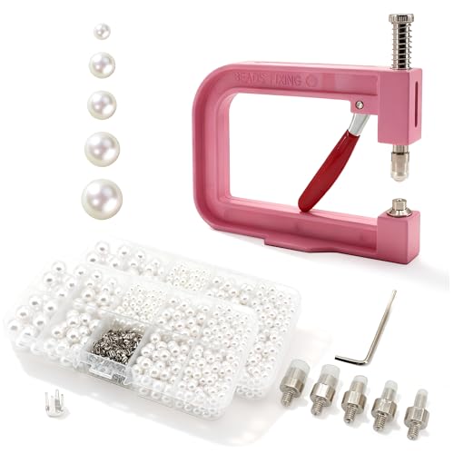 Pearl Setting Machine Hand Press Tools 2 Boxes White No Holes Pearl Beads with Rivet Studs Screw Heads L Hexagon Wrench for Decorating Clothes Hat Trousers Dresses Bag Hair Band DIY Crafts (Pink) - color: Pink