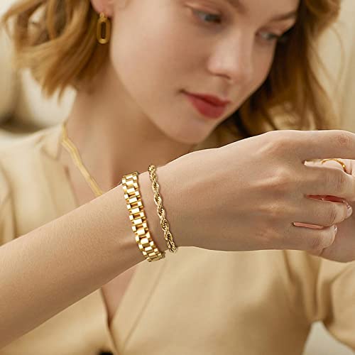 MPRAINBOW 2pcs 18K Gold Plated Chain Link Bracelet, Stainless Steel Crystal Friendship Bracelets Bangle,Watch Band Chains Wristband Jewelry with Adjust Tool - color: Gold-set A