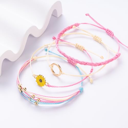 Sunflower Friendship Bracelets Boho Stackable String Bracelets Cute Trendy Gifts for Teen Girls Women - color: Pink