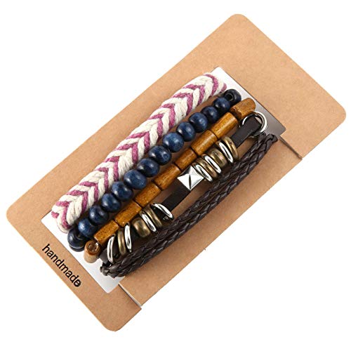 HZMAN Wrap Bracelets Men Women, Hemp Cords Wood Beads Ethnic Tribal Bracelets, Leather Wristbands - style: Hand-made 4 MIX