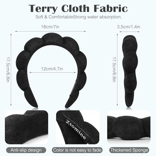 Ztomine Spa Headbands for Washing Face or Facial, Set of 2 Skincare, Terry Cloth Headband Combo Pack - Puffy Makeup Headbands for Face Washing, Mask, Skin Treatment - color: Black