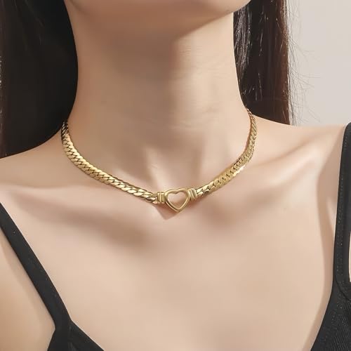 Heart Choker,Stainless Steel Necklace for Women,Chunky Heart Pendant, 40cm Length, 21.5g Weight - color: gold