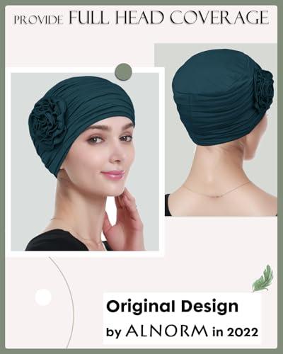 Alnorm Flower Design Chemo Hair Loss Caps Cancer Headwear for Women - color: Dark Green