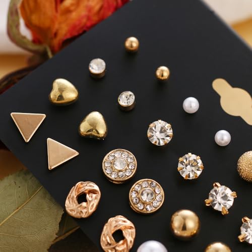32 Pairs 14K Gold Plated Tiny to Huge Earring Hoop Stud for Women, More Style Earring Sets for Multiple Piercing Stack Set Everyday Jewelry