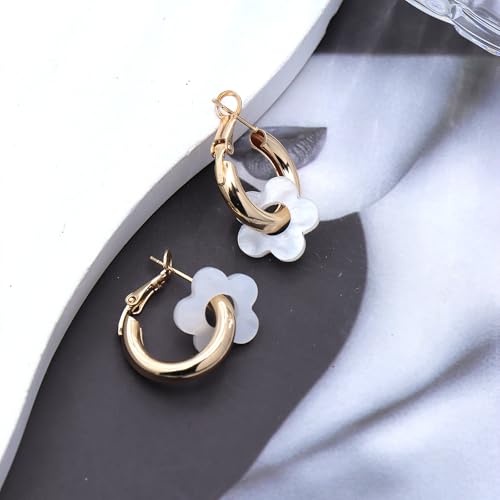 Chunky Acrylic Gold Small Flower Hoop Huggie Earrings, Colorful Boho Ear Piercing Dangle Drop Earrings, Dainty Chic Charm Jewelry Gift - color: White