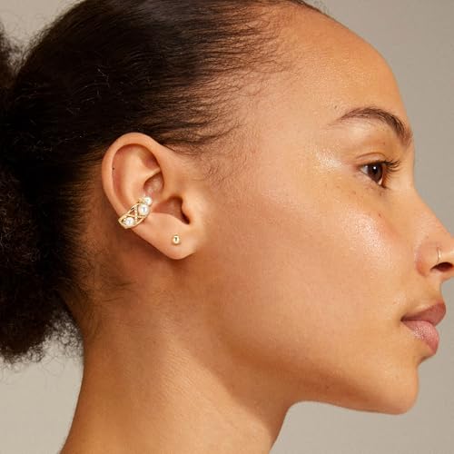 MEVECCO Ear Cuff Non Piercing for Women 18K Gold Plated Dainty Ear Cuff Earring Stacks Cartilage Clip On Wrap Huggie Minimalist Fake Piercings Open Hoops Jewelry Gifts - style: pearl